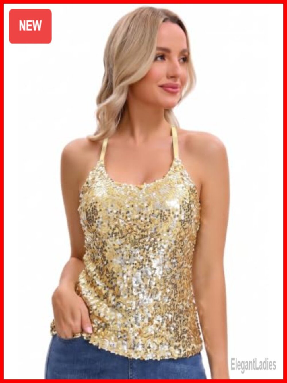 Sequin Strappy Tank Top Sparkly Party Camisole Club Top